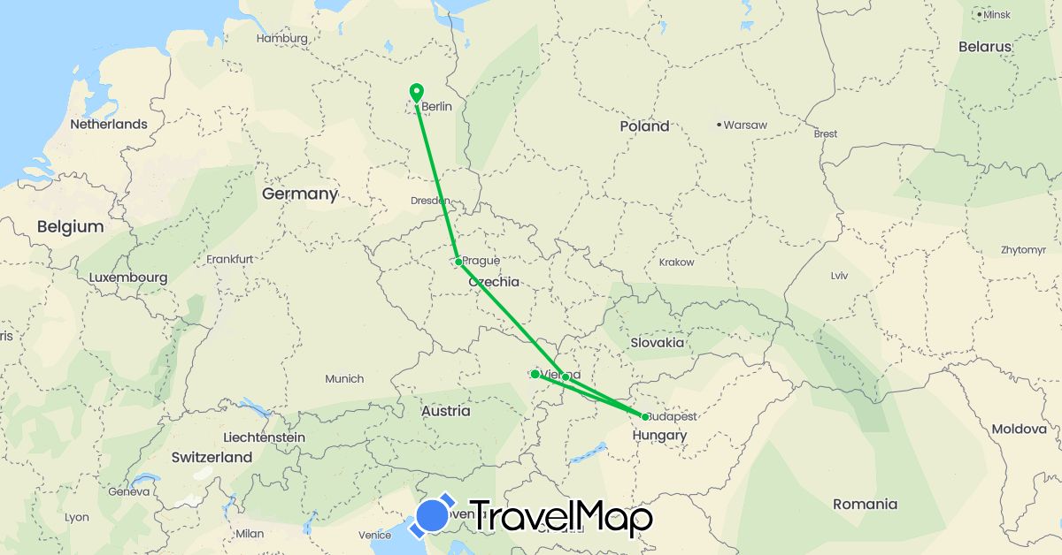 TravelMap itinerary: driving, bus in Austria, Czech Republic, Germany, Hungary, Slovakia (Europe)